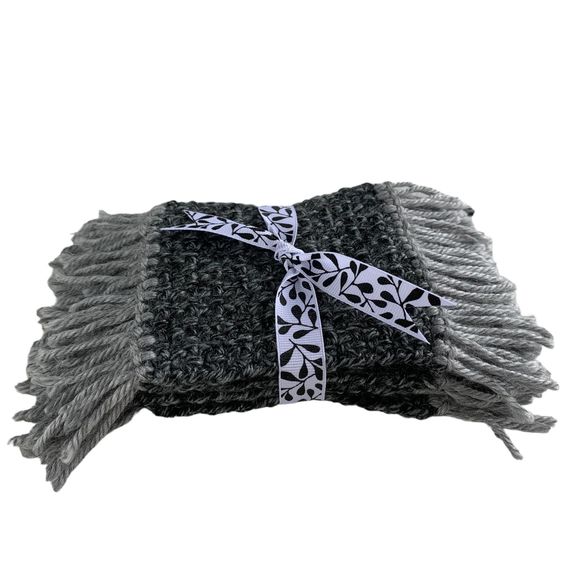 Mug Rugs Coasters Handmade Crochet Gray Variegated Fringe Set of 4 - Picture 6 of 10